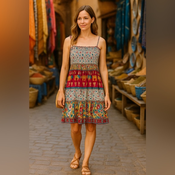 Bohemian Elephant Border Dress – Casual Travel & Festival Style Dress NWT L #993 - Picture 1 of 10